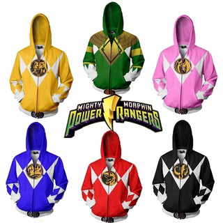 เสื้อแจ็กเก็ตกันหนาว มีฮู้ด พิมพ์ลาย Power Rangers Mighty Morphin 3 มิติ สําหรับผู้ชาย และผู้หญิง