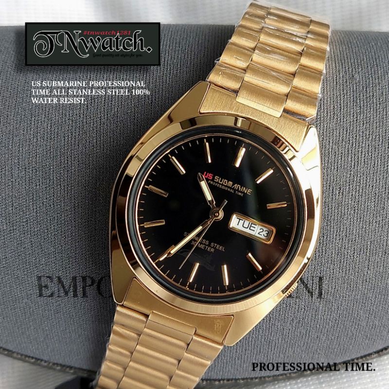 US SUBMARINE รุ่น SUB-110MD นาฬิกาผู้ชาย นาฬิกาสแตนเลสติล นาฬิกาสีทอง ระบบควอทซ์ มีวันที่ กันน้ำ พร้
