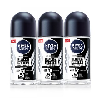 🔥HOT🔥 นีเวีย ดีโอ เมน แบล็คแอนด์ไวท์ โรลออน ขนาด 50 มล. แพ็ค 3 หลอด Nivea Men Black And White Roll-on 50 ml x 3