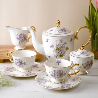 Violet Flamingo ชุดน้ำชาลายดอกไม้สีม่วงขอบทอง (Violet Signature Tea Set)