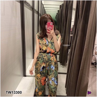 13300 Jumpsuit จั๊มสูท แขนกุด ลายใบไม้ Leaf print sleeveless jumpsuit