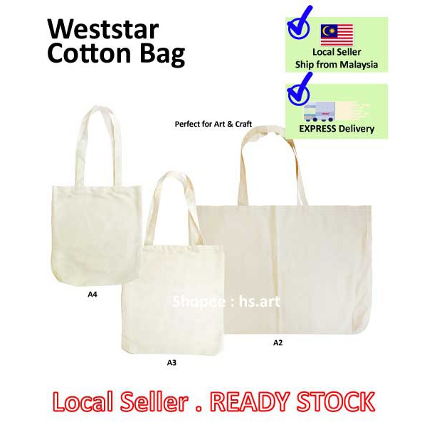 [Weststar Tas] A4,A3,A2 Cotton Shopping Bag, Cotton Tote Bag, Cotton Bag, Plain Tote Bag (วัสดุบาง)