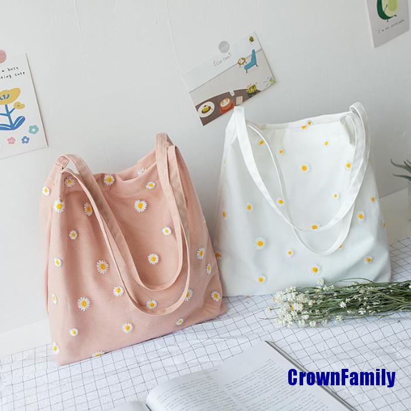 (Crownfamily) กระเป๋าสะพายไหล่ ผ้าแคนวาส ลายดอกเดซี่ สองชั้น สไตล์เกาหลี