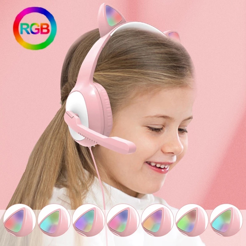 (new)Flash Light Cute Cat Ears Wired Headphone with Mic Can Control LED