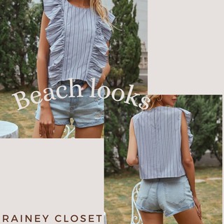 RAINEY CLOSET - เสื้อเบล้าระบายแผงอก เสื้อแขนกุด เสื้อริ้วสีเทาดำ เสื้อลายทาง เสื้อลายริ้วเสื้อแขนกุดตกแต่งระบายแผงอก