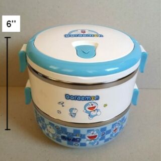 ปิ่นโต 2 ชั้น เก็บความร้อน ลาย โดเรม่อน (Doraemon) ข้างในเป็นสแตนเลส ขนาดสูง 6 นิ้ว เส้นผ่าศูนย์กลาง 5.5 นิ้ว