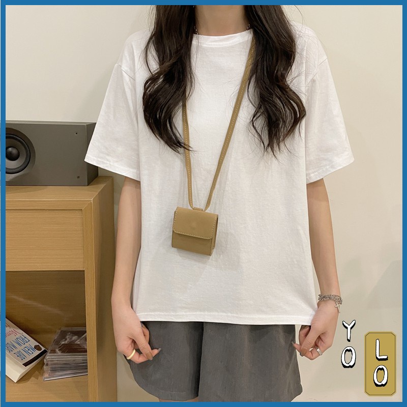 YOLO🐳พร้อมส่ง เสื้อยืดผู้หญิง เรียบๆ หลวมๆ แขนสั้น ผ้าคอตตอน
