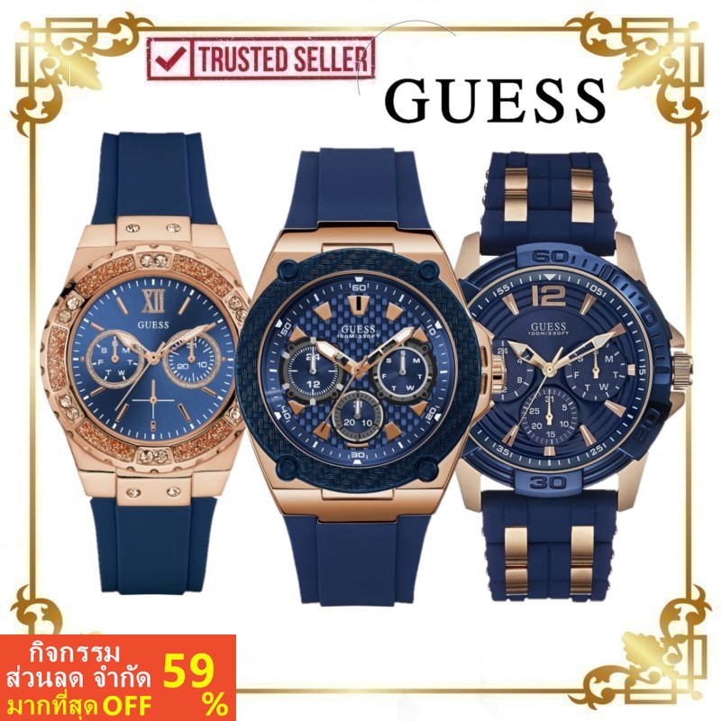 Guess [100% แท้] เดาคริสตัลสีฟ้าแบบ Dial สุภาพสตรีหรูหรานาฬิกาผู้ชายผู้หญิงนาฬิกาข้อมือ W1049G2 W105