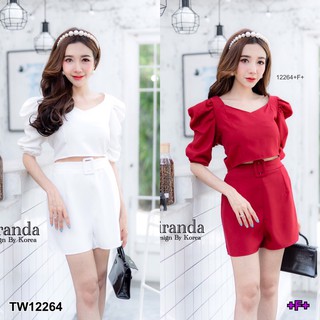 TW12264 Set เสื้อครอปแขนพอง+กางเกงขาสั้นติดเข็มขัด