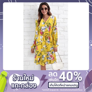 [SBLfashion] มินิเดรสลายดอก ผ้าไหมอิตาลี แขนยาว เดรสแฟชั่น ผู้หญิง