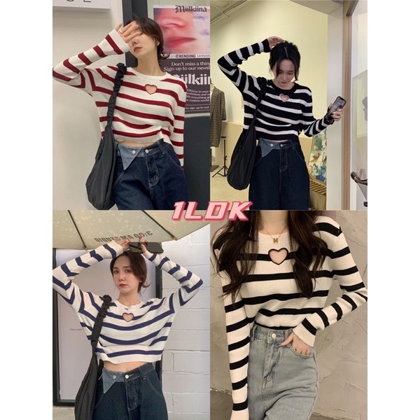 1LDK พร้อมส่ง เสื้อไหมพรม แขนยาวคอกลม ลายทาง มีหัวใจตรงอกผ้ายืดได้เยอะ(0546)