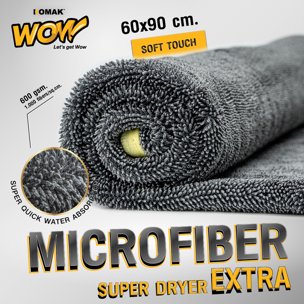 ผ้าเช็ดรถ ผ้าไมโครไฟเบอร์ เส้นใยถักเกลียว หนา 600แกรม WOW SUPER DRYER EXTRA ซับน้ำไว ไม่ทิ้งคราบ ไม่มีรอย
