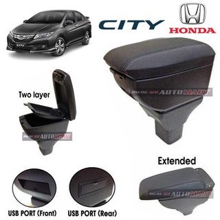 Honda CITY 2014 กล่องคอนโซลกลางที่เท้าแขน PVC ปรับได้ หนังสีดํา 4 USB