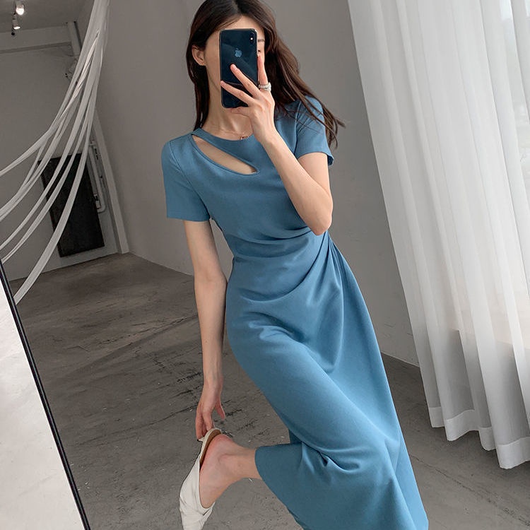 พร้อมส่งเดรสทรงสลิมสีฟ้าสไตล์เกาหลี เดรสผ้าคอตตอน เดรสทรงสลิมเอว
