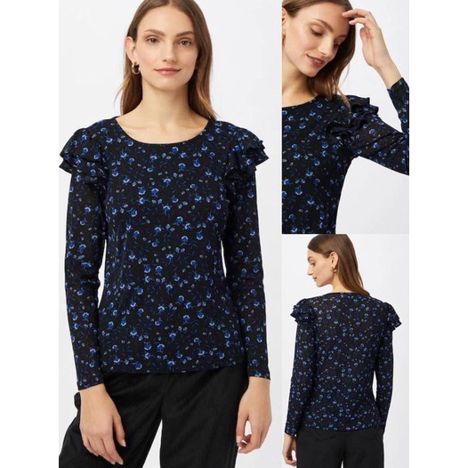 dorothyperkins Black Floral Print Ruffle Top  เสื้อคอกว้าง แต่งระบายช่วงต้นแขน ผ้าโพลี่เอสเตอร์ เนื้อผ้านิ่ม