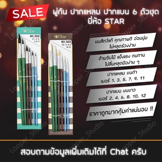 พู่กันปากแหลม ขนดำ ปากแบน ขนขาว 6 ตัวชุด ยี่ห้อ STAR