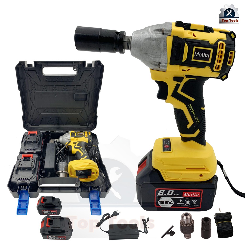 MOLITA บล็อกแบต บล็อกไฟฟ้า 199V บล็อกแบตเตอรี่ 2in1 แบต Li-ion 2 ก้อน สว่านไร้สาย รุ่นใหม่สีเหลือง