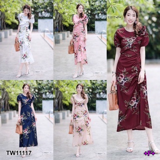 SS11117 Dress เดรส ลายกุหลาบ แต่งระบายอก กระโปรงโบว์รูด