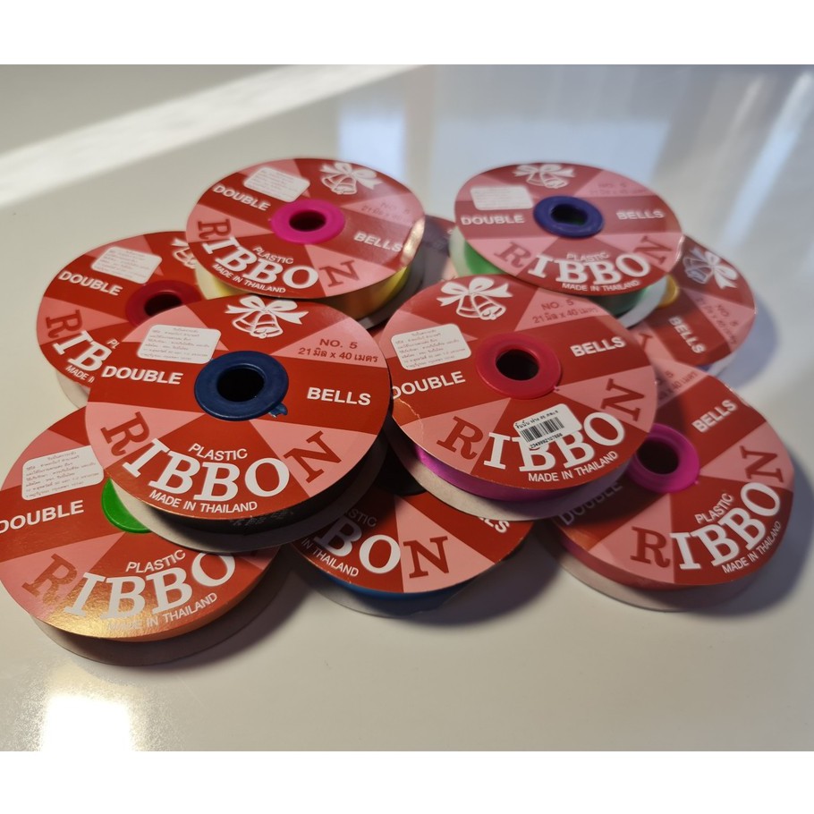 ริบบิ้น NO.5 ขนาด 21 มิล x 40 เมตร DOUBLE BELLS PLASTIC RIBBON  1 ม้วน