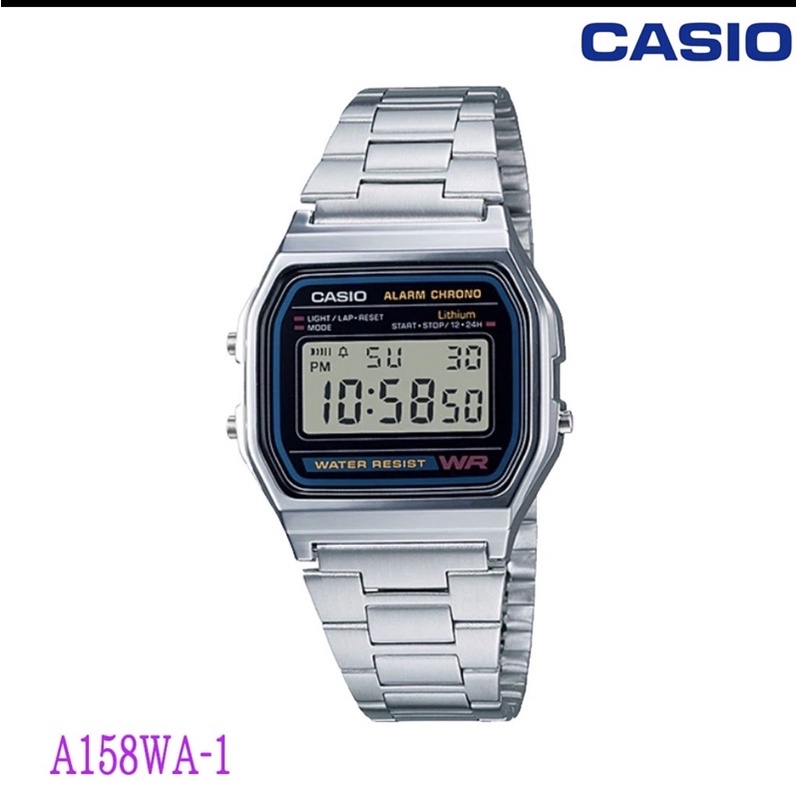 สมาร์ทวอทช์ นาฬิกาจักรกล Casio ของแท้100% รุ่น A158WA-1DF นาฬิกาสายสแตนเลส พร้อมกล่อง มีประกัน 1ปี A158