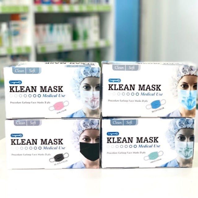 LONGMED Klean Mask  หน้ากากอนามัย3ชั้น 50ชิ้น/กล่อง สีเขียว,สีฟ้า,สีชมพู,สีดำ