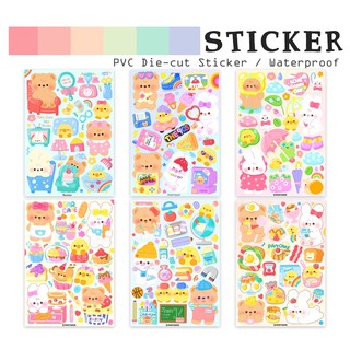 [3แผ่น100]SET 1 🌸PVCสติ๊กเกอร์ไดคัท น้องหมี น้องกระต่าย Pastel