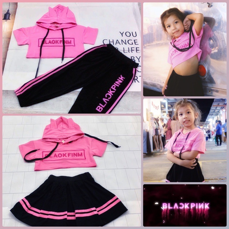ชุดเต้น BlackPink แบล็คพิ้งค์ BTS บีทีเอสชุดเด็ก Hood เอวลอย แฟชั่นเด็ก