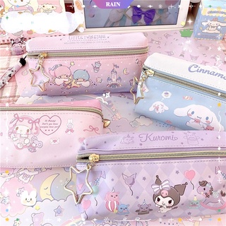 SANRIO กระเป๋าดินสอ หนัง PU สองชั้น ลายการ์ตูน Kuromi My Melody Cinnamoroll Hello Kitty มีซิป สําหรับนักเรียน [RAIN]