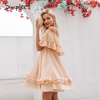 ‼️SALE‼️พร้อมส่ง Simplee #KHAKI Elegant Ruffle Strap Shoulder Off Chiffon Dress