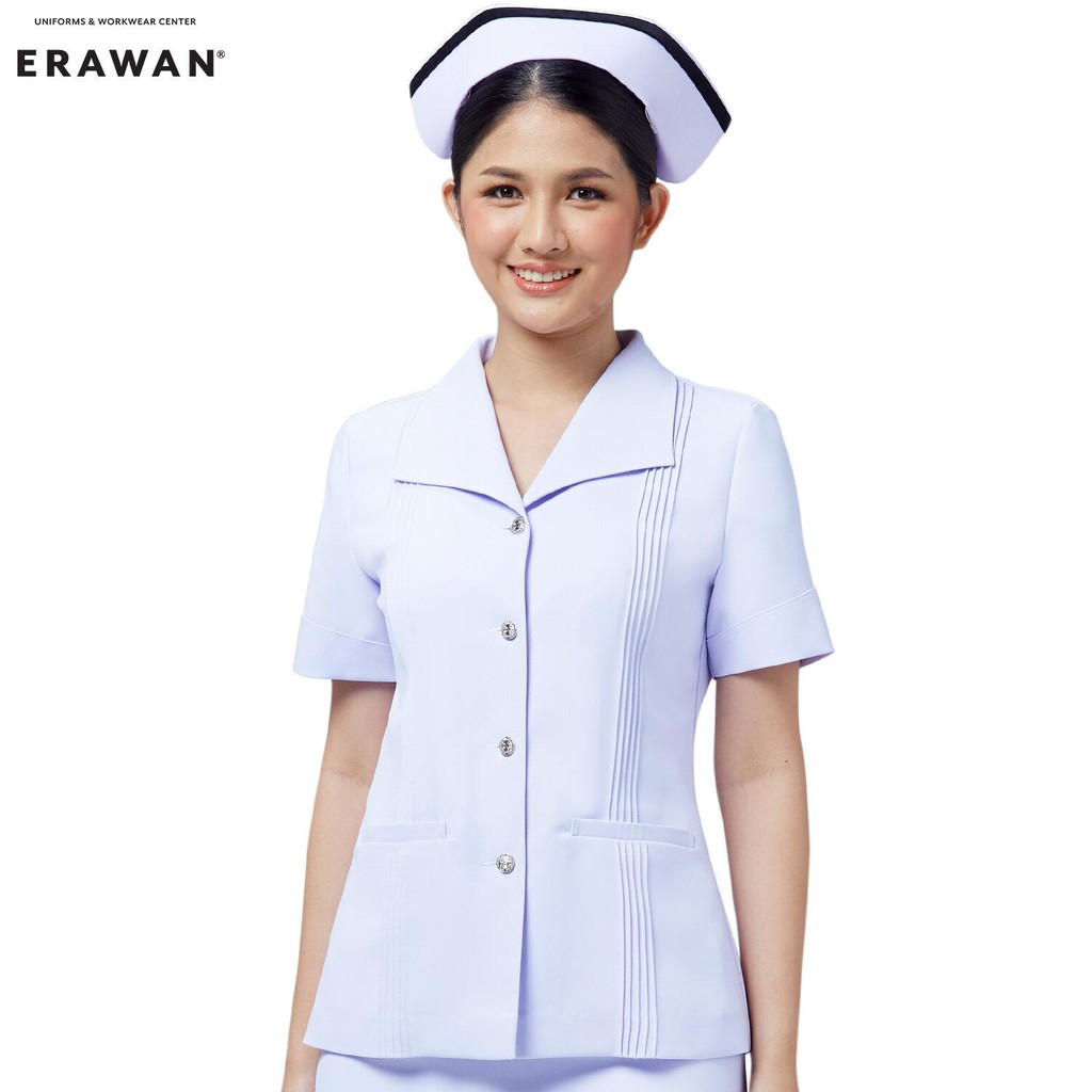 Uniformthaiwacoal เสื้อพยาบาลปกปีกนกแขนสั้น ตีเกล็ด ผ่าหลัง FHW019 (ผ้า Nursy สีขาวโอโม่ เฉด 2)[สังกัดกรุงเทพมหานคร]