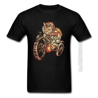 [สวมใส่ทุกวัน] รถจักรยานยนต์ Steampunk ขี่แมววินเทจเสื้อยืดผู้ชายผู้ชายตลกออกแบบเสื้อยืด O คอซิ @Ka