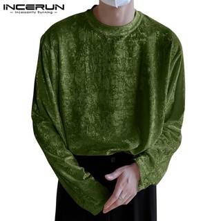 Incerun เสื้อยืดลําลอง แขนยาว คอกลม สีพื้น อบอุ่น แฟชั่นสําหรับผู้ชาย