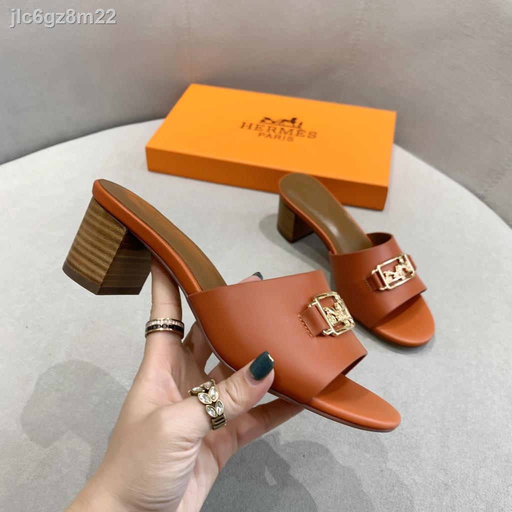 (5cm ) HERMES Korean Ladies Sandals Leather Soft Sole Thick Heel Middle ...