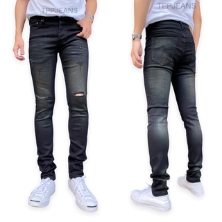 JEANSEXPRESS Mens Skinny Jeans กางเกงยีนส์สกินนี่ชาย สีดำฟอก แต่งขาดเข่า ผ้ายืดสวมใส่สบาย ปักด้ายดำ Size 26-44