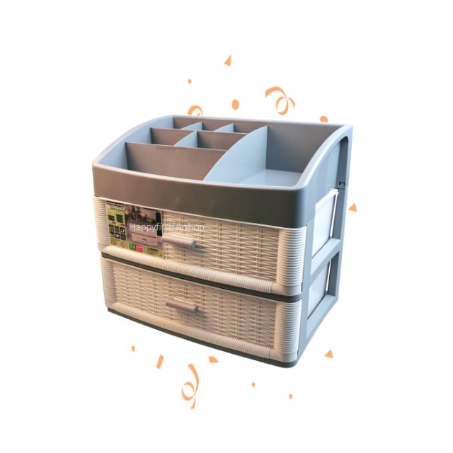 ลิ้นชักพลาสติก ตั้งโต๊ะ  2ชั้น ลายหวาย สีเทาขาว พร้อมที่วางของด้านบน CA602