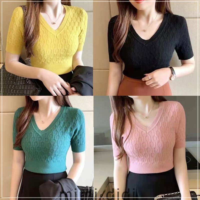 mimi&didi 42002 สเวตเตอร์ผู้หญิงผ้าทอลายคอวีสาวอ็อฟฟิต