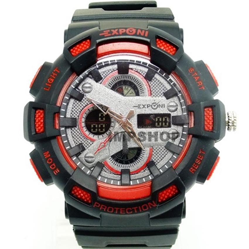 EXPONI นาฬิกาผู้ชาย 2 ระบบ ขอบหน้าปัดสีแดง (สีเทาดำ)