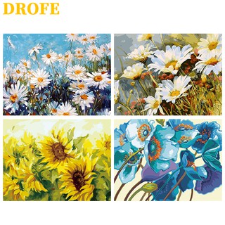 DROFE ภาพวาดระบายสีตามตัวเลข DIY ลายดอกไม้และชายทะเล สำหรับตกแต่งบ้าน ขนาด 50X40 ซม.