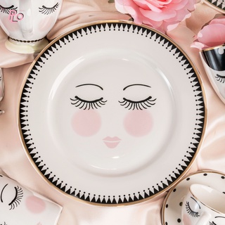 Philos , Miss Etoile Plate Medium Round Zig Zag Black W/ Close Eyes : PL166 | จานเซรามิคสำหรับใส่อาหาร ลายสวยๆน่ารักๆ