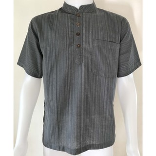 [ฟรี]เสื้อผ้าฝ้าย 100% คอจีน กระดุมกะลา 4 เม็ด สีเทา แขนสั้น