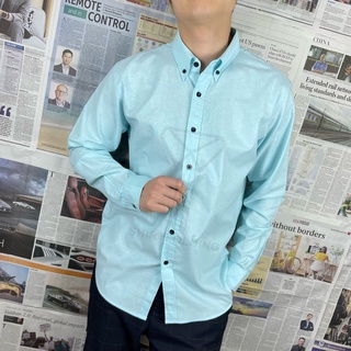 SHIRTFOLDING เสื้อเชิ้ต แขนยาวคอปก สีฟ้ามินท์ กระดุมดำ