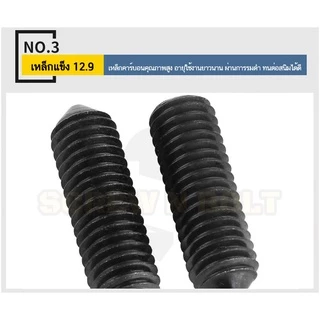 สกรู ตัวหนอน ขัน หกเหลี่ยม ปลายแหลม เหล็กแข็ง 12.9 เกลียวมิล หยาบ M5 M6 M8 / Hex Socket Set Screw Cone Point Gr. 12.9