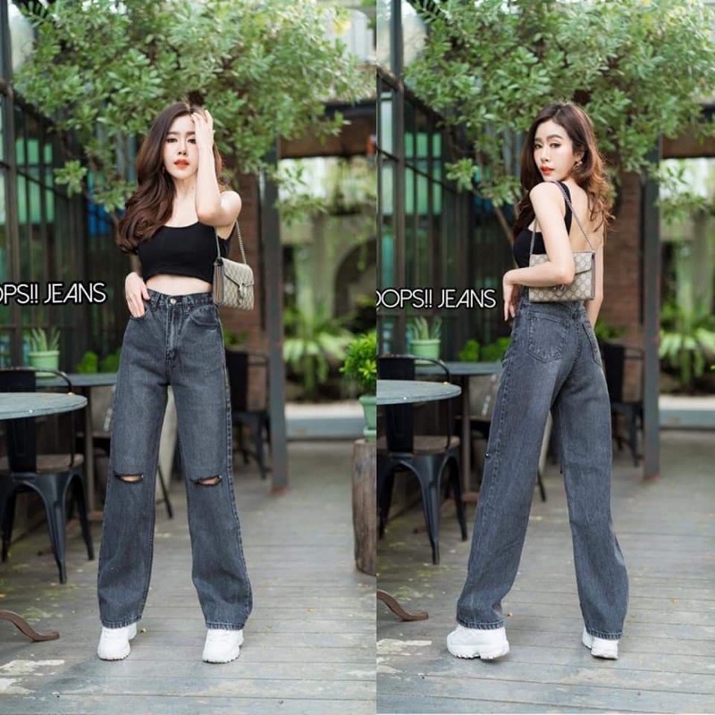 👖 Oops Jeans 👍🏻 กางเกงยีนส์ กางเกงขายาว ทรงกระบอกแต่งขาดเข่า จะเซอร์หรือเซ็กซี่ก็รอด