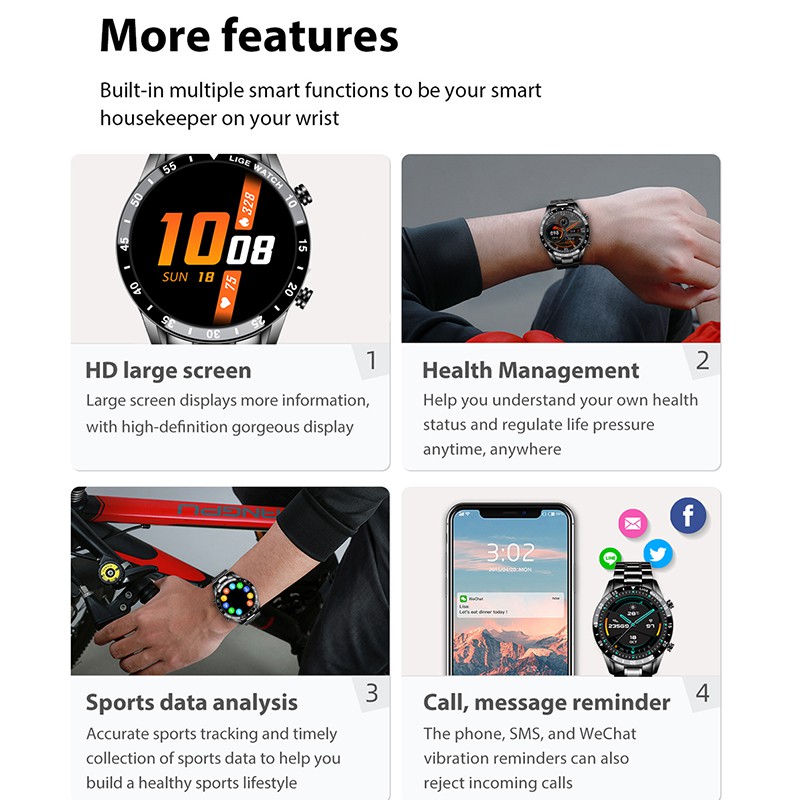  LIGE 2021 New Smart Watch Men Full Touch Screen Heart Rate Monitoring 