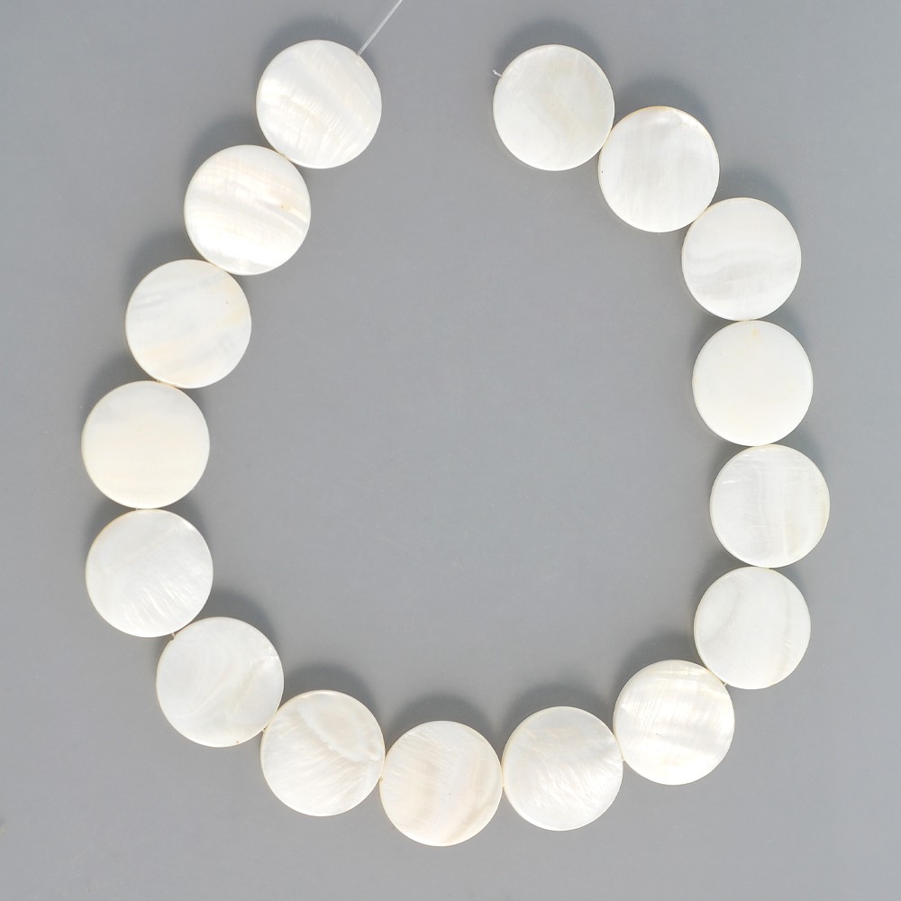 เปลือกหอยแท้ (mother-of-pearl) เม็ดกลมแบน (Flat Round) 25 mm. - (LZ-0392 สีขาว)