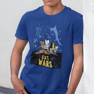 เสื้อยืด แฟชั่น ชาย/หญิง BearOgraphY CAT Wars Unisex Graphic T Shirt 100% Cotton เสื้อยืดสกรีน ลายแมวเจได สีน้ำเงิน