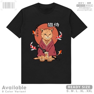 เสื้อยืดสีดำอินเทรนด์เสื้อยืด พิมพ์ลายอนิเมะ Distro NEKO SAMURAI CAT Koi สไตล์ญี่ปุ่น x 9522S M L   XL  XXL