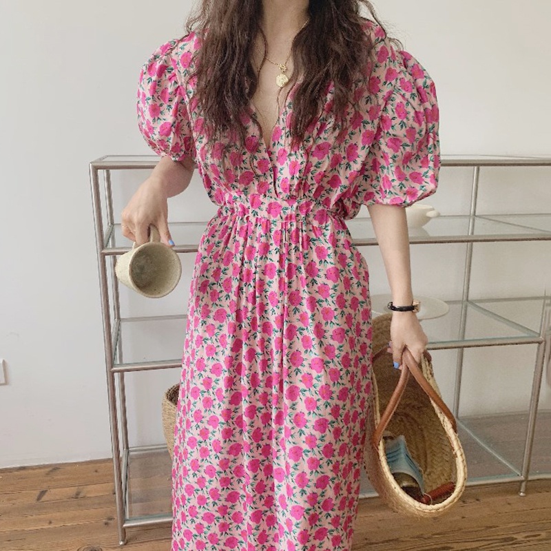 Kehlani dress เดรสยาวทรงปล่อย ลายดอกกุหลาบ สไตล์เกาหลี TS887