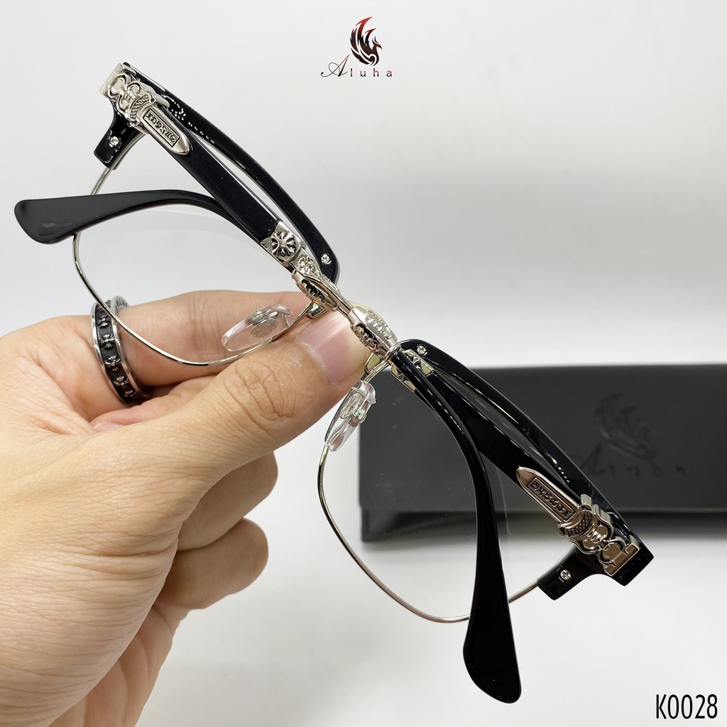 กรอบแว่นตาชุบไทเทเนียมแท้ รูปทรง Clubmaster ขนาดใหญ่ สําหรับผู้ชาย ลาย sharp Chrome Heart - K0028 - Aluha