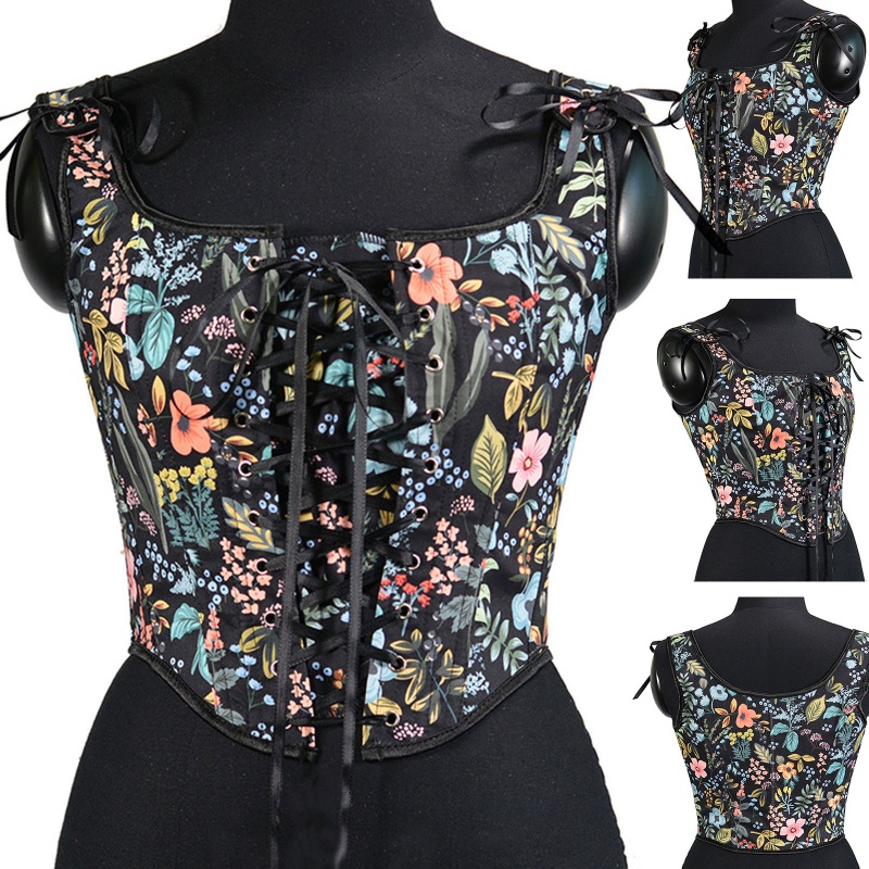 Xiangbao ผู้หญิง Vintage French Bustier Crop Tie-Up สายรัด Retro ดอกไม้ใบพิมพ์รัดตัว Camisole Lace-U